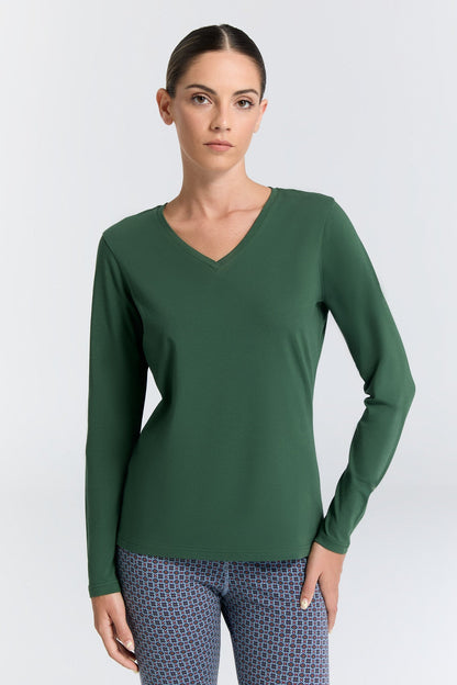 Sophisticated illustration of the Organic Cotton Stretch Long Sleeve V-Neck Top for Women, highlighting the long sleeves and elegant V-neckline for a classic yet contemporary look.