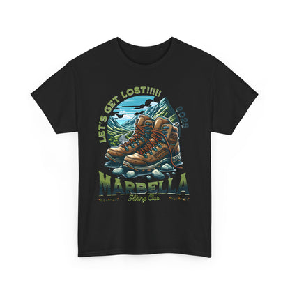 Marbella Hiking Club Unisex Graphic Tee featuring vibrant graphic design of hiking boots set against a mountain backdrop, perfect for outdoor adventures.