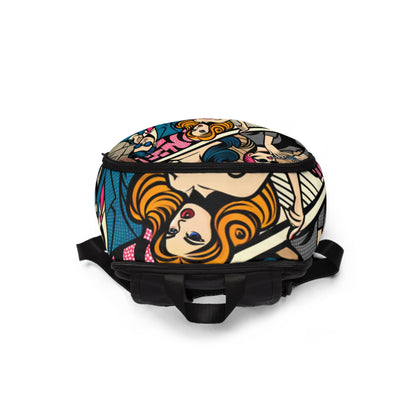 Stylish and functional Vibrant Pop Art Canvas Backpack by Dazzling Dreams Studio, showcasing a striking collection of lively cartoon illustrations, ideal for urban fashion lovers.