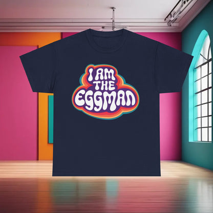 Luxury I Am The Eggman Graphic T-Shirt in navy featuring vibrant artistic lettering, perfect for fashion-forward individuals.