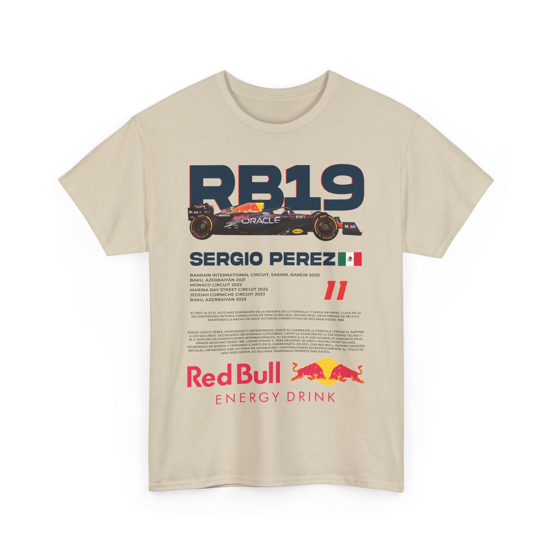 Luxury men's Red Bull RB19 F1 racing tee featuring Sergio Perez graphic, combining bold design with high-quality fabric.