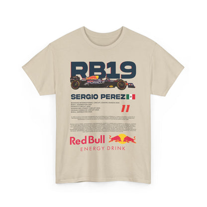 Luxury men's Red Bull RB19 F1 racing tee featuring Sergio Perez graphic, combining bold design with high-quality fabric.
