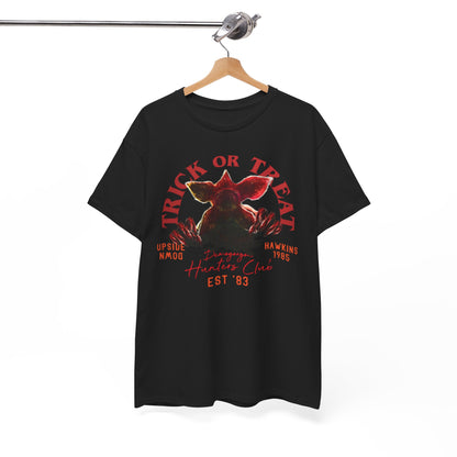 Elegant black graphic t-shirt adorned with a detailed Demogorgon illustration, presented on a hanger to display its upscale appeal for Halloween and casual wear.