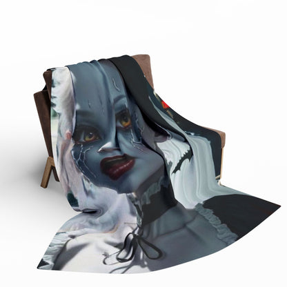 Draped Decorative and Warm Halloween Cute Arctic Fleece Blanket on a stylish chair, enhancing the festive ambience while providing comfort for Halloween enthusiasts.