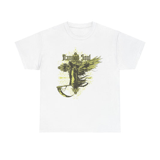 Men's t-shirt featuring a gothic Grim Reaper design with floral accents and the phrase 'Damned Soul', in rich olive green on a white background, ideal for stylish expression.