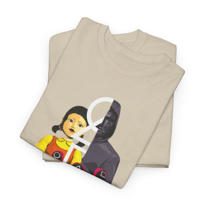 Stylish beige unisex t-shirt beautifully stacked, showcasing Squid Game characters in a graphic design. Ideal for individuals seeking a trendy and eye-catching fashion statement.