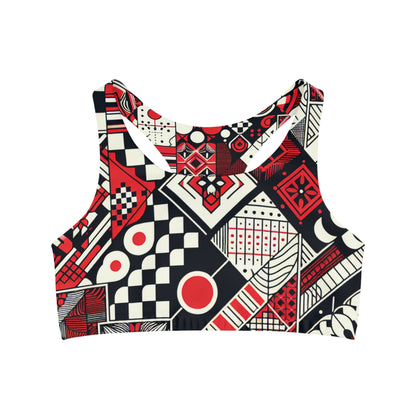 Valeria Belmonte Modern Patterned Sports Bra in vibrant red with dynamic block prints and checkerboard motifs, highlighting stylish comfort for confident women.