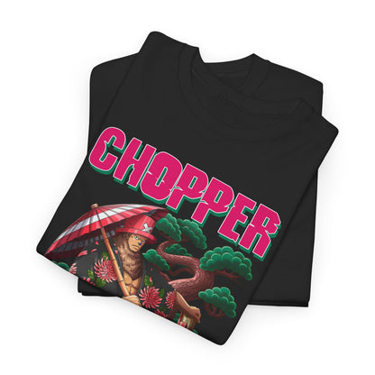 Chopper & Friends Graphic T-Shirt, showcasing a luxurious design featuring vibrant artwork of a stylised chibi character in traditional attire with floral accents on a black backdrop.