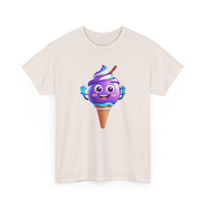 Front view of the Scoop of Joy: Cartoon Ice Cream Cone Character Tee displaying a charming purple ice cream character, perfect for expressing whimsical joy.