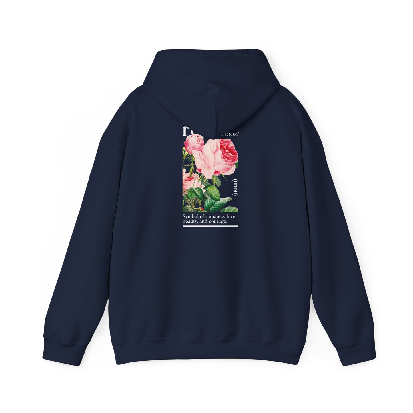 Elegant navy hoodie illustrating stunning botanical roses, designed for the modern fashion enthusiast.