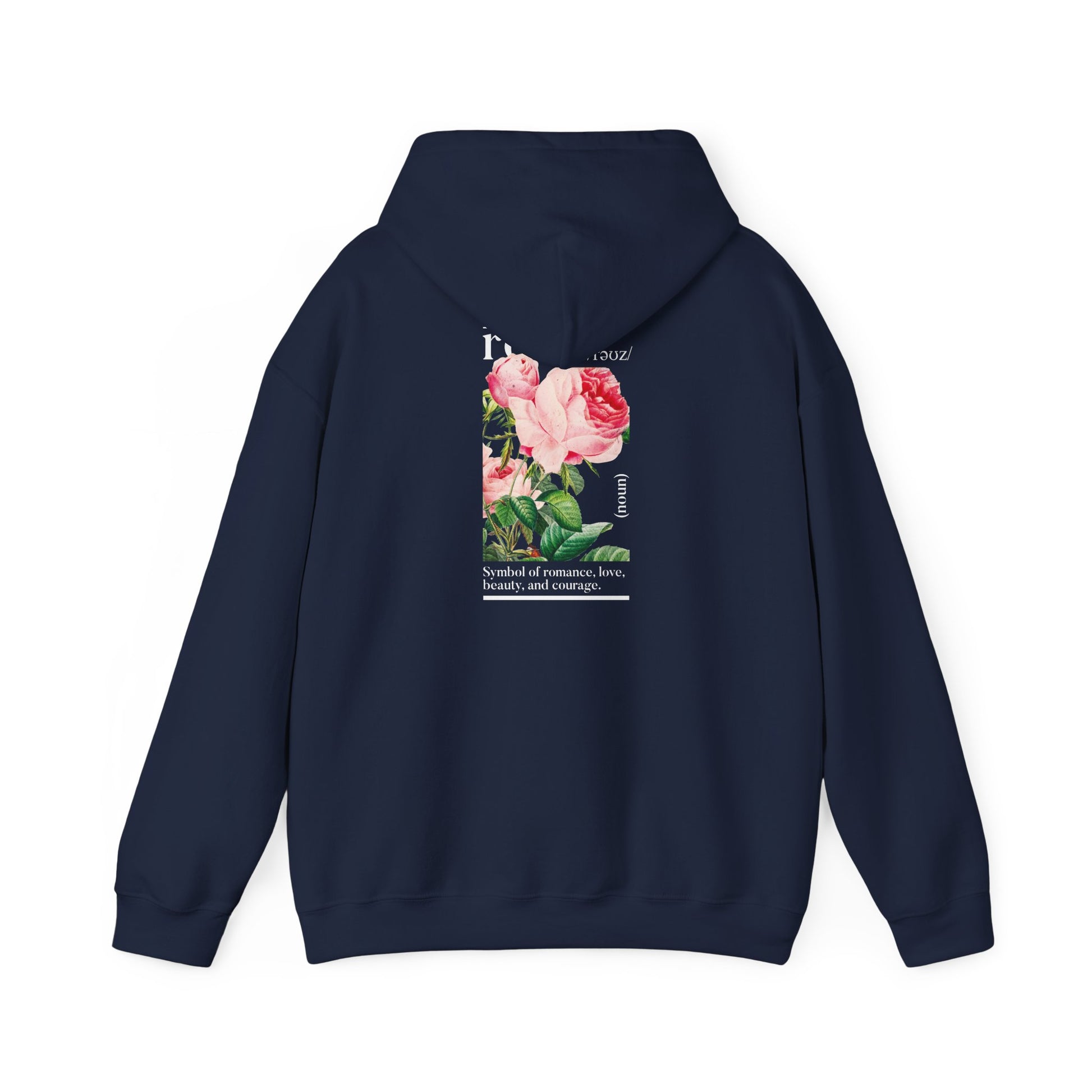 Elegant navy hoodie illustrating stunning botanical roses, designed for the modern fashion enthusiast.