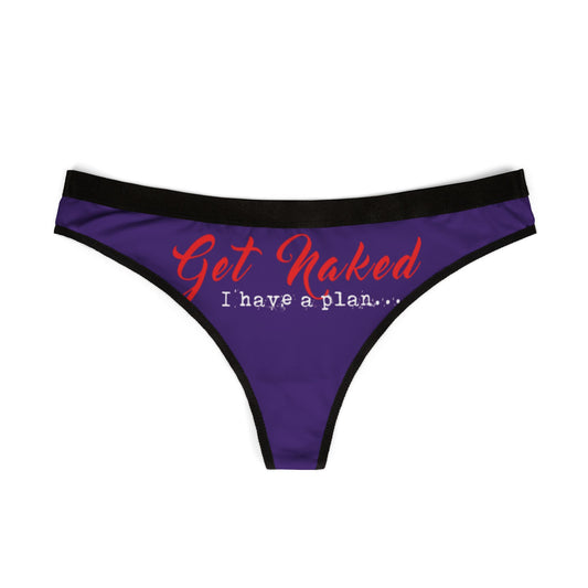 Elegant purple women's thong featuring a playful 'Get Naked' design, perfect for romantic occasions such as Valentine's Day or anniversaries.