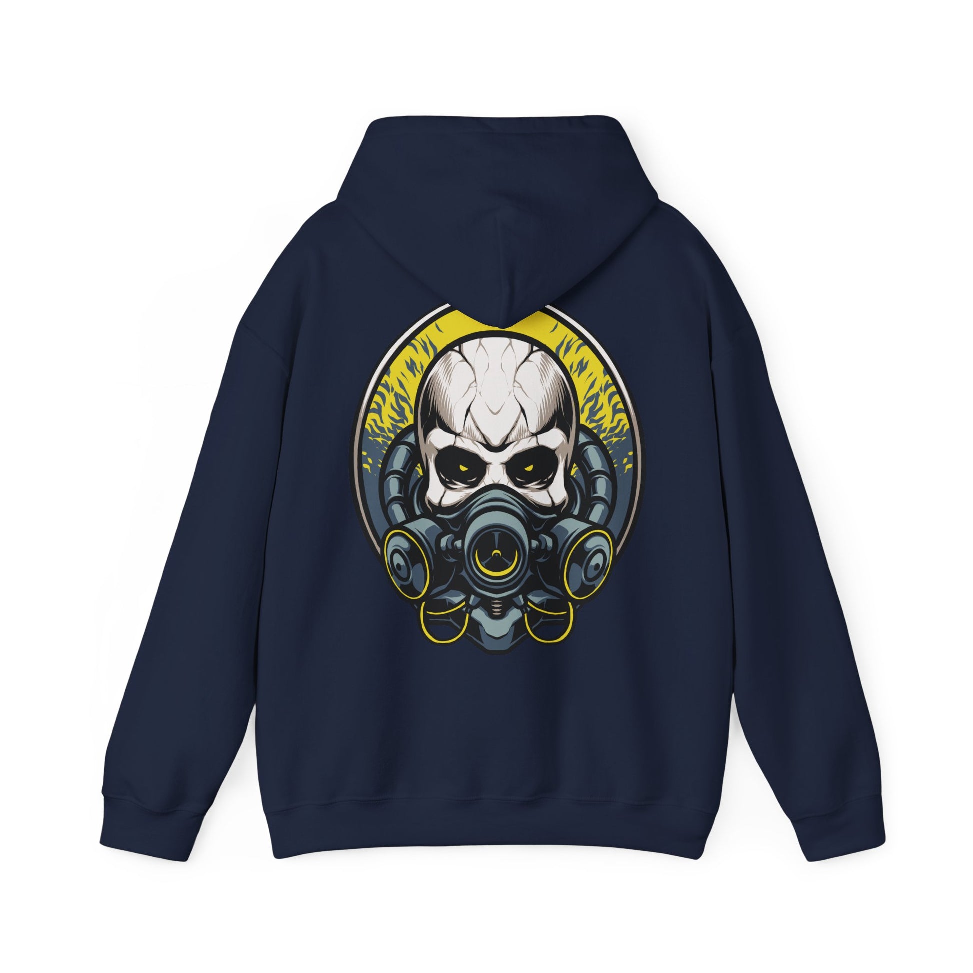 Refined steampunk skull art featuring a gas mask, showcased on the back of an exquisite navy hoodie, epitomising edgy luxury style.