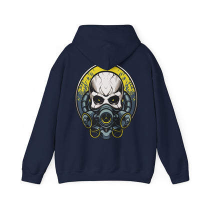 Refined steampunk skull art featuring a gas mask, showcased on the back of an exquisite navy hoodie, epitomising edgy luxury style.
