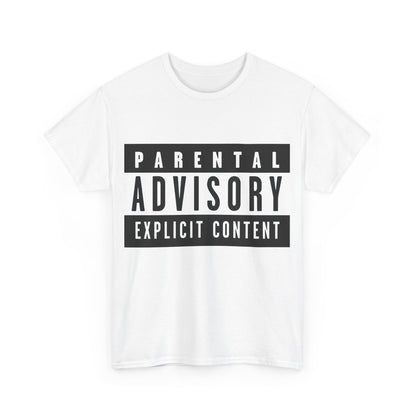 Chic white Parental Advisory Explicit Content Warning Graphic T-Shirt, designed for those who embrace rebellion and individuality with comfort.