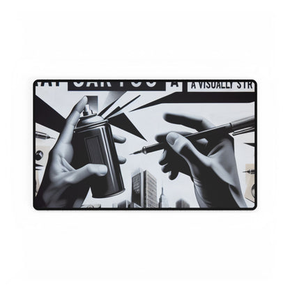 BanksyGroove UrbanScape Desk Mat displaying artistic hands manipulating design tools, symbolizing creativity and inspiration within a dynamic urban environment.
