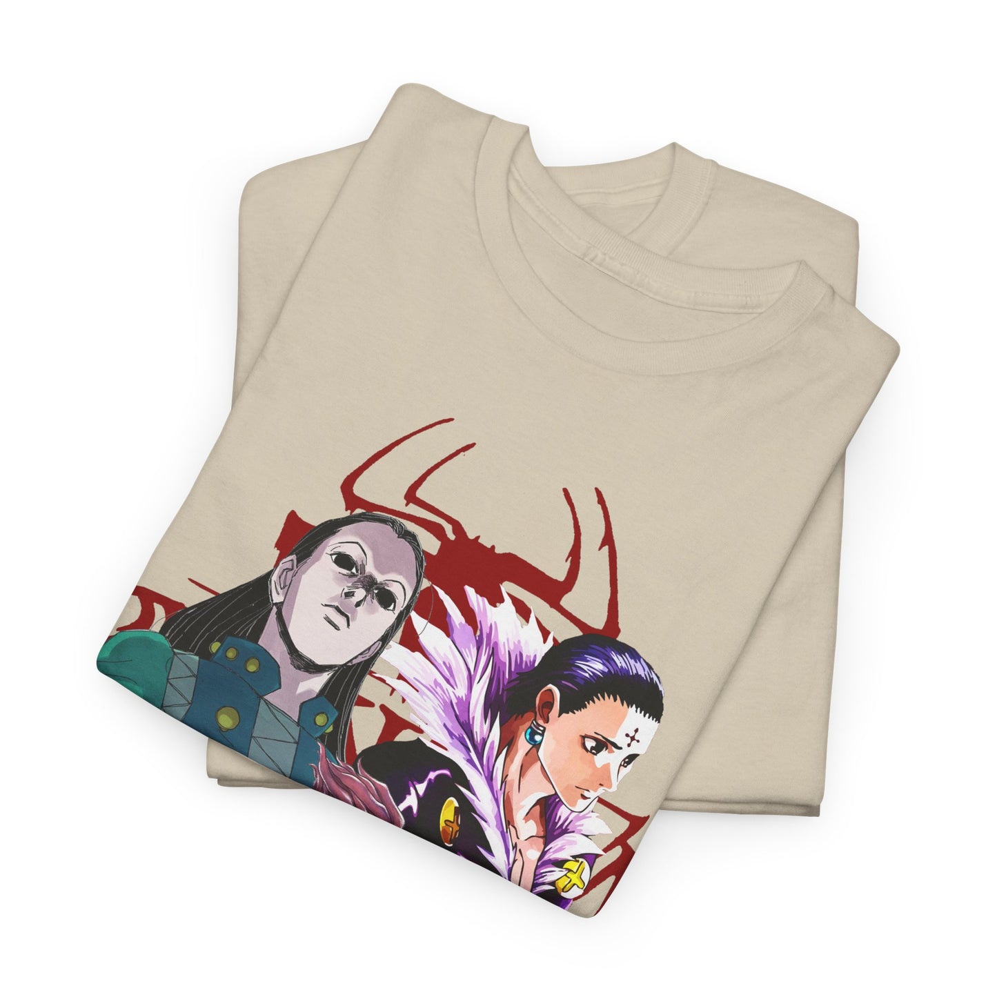 Luxurious Hunter x Hunter T-shirt showcasing intricate anime designs of iconic characters in a stylish and elegant presentation.