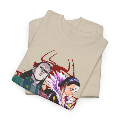 Luxurious Hunter x Hunter T-shirt showcasing intricate anime designs of iconic characters in a stylish and elegant presentation.
