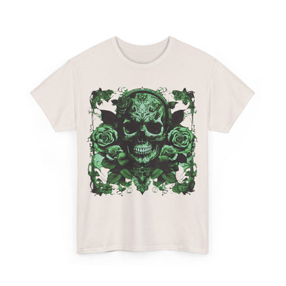 Front view of Skulls and Roses Cotton Tee, Unisex Graphic Shirt, elegantly displaying a striking green skull and rose graphic against a soft fabric, perfect for unique style statements.