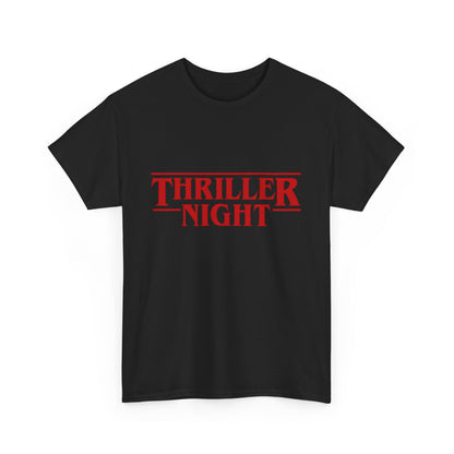 Front view of a black unisex t-shirt displaying 'THRILLER NIGHT' from Stranger Things in vivid red lettering, a stylish statement for trendy fashion.
