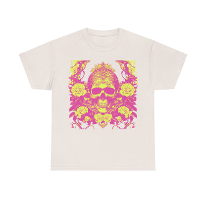 Skulls and Roses Cotton Tee in light cream, elegantly displaying a vibrant pink and yellow skull design surrounded by roses, embodying a chic, edgy aesthetic.