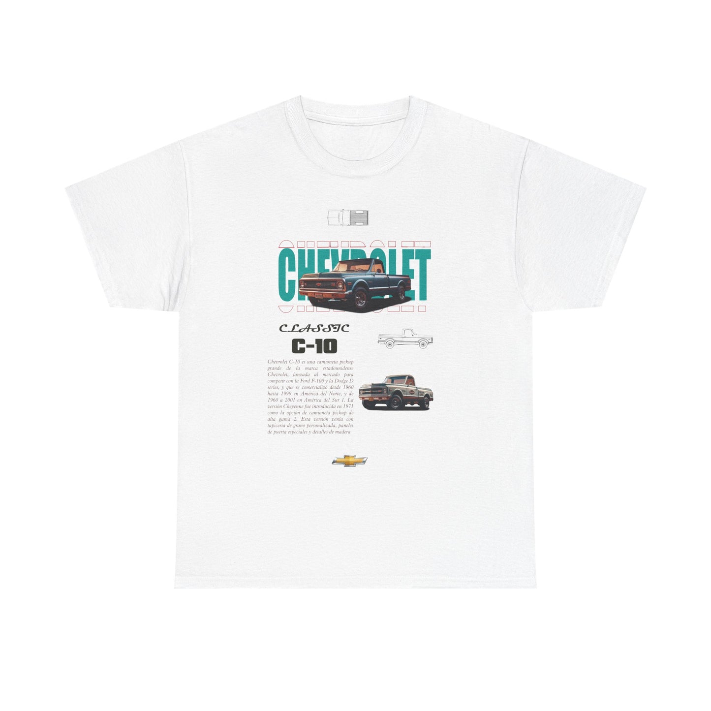 Classic Chevrolet C-10 men's t-shirt in white featuring a detailed retro graphic of the iconic pickup, celebrating timeless American automotive history.