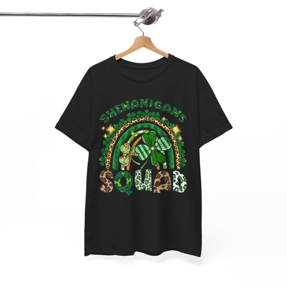 St Patricks Day Unisex Men's Women's Graphic Cotton Funny T Shirt Tee Vintage elegantly hung, showcasing the exciting 'Shenanigan's Squad' graphic with festive elements like clovers and a trendy look.