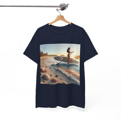 Close-up of the intricately designed paddleboarding scene on the Delightfull Paddle Board T-Shirt by Dazzling Dreams Studio, perfect for nature lovers.