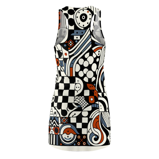 Back view of the Andrea Bellecci Racerback Dress, highlighting its chic checkerboard pattern in a modern feminine style, designed for elegance and versatility.