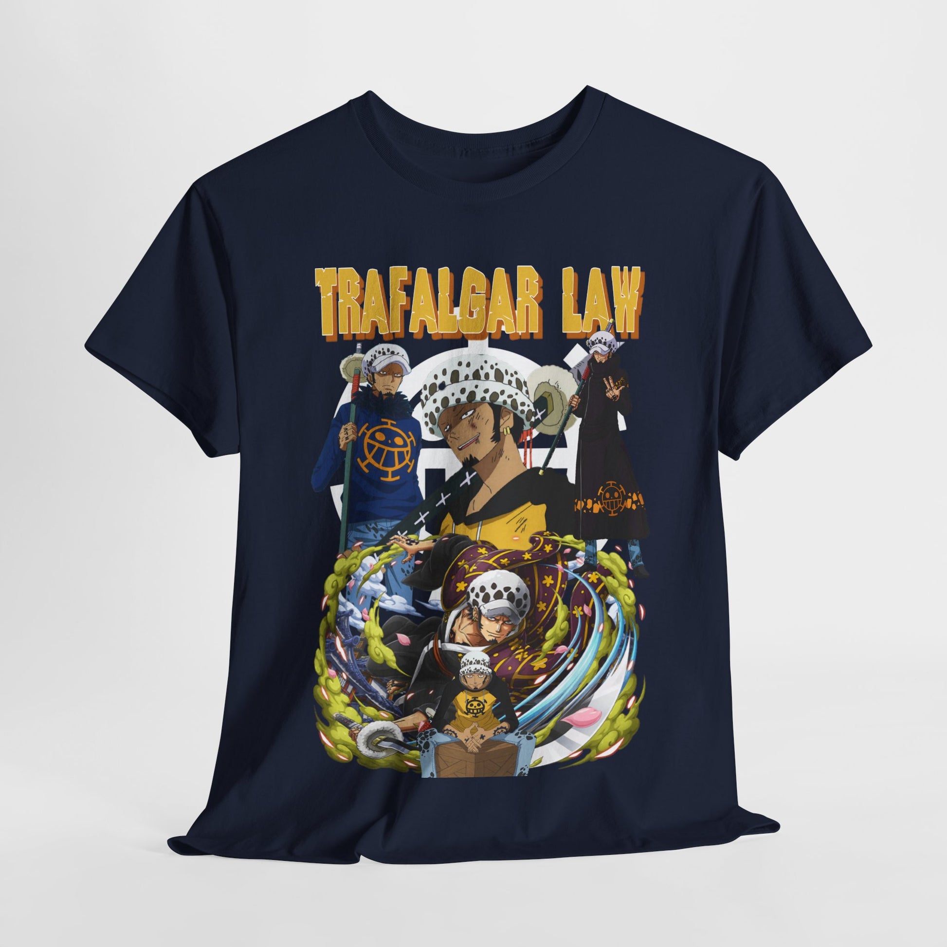 Stylish navy T-shirt displaying an artistic portrayal of Trafalgar Law from One Piece, ideal for expressing anime fandom with sophistication.