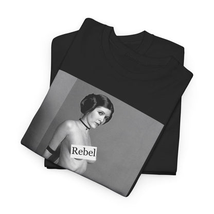 Star Wars Princess Leia Funny Men's Women's Graphic T-Shirt Unisex Cotton, elegantly stacked in black, displaying the iconic graphic of Princess Leia with 'Rebel' branding, an essential piece for any sophisticated wardrobe.