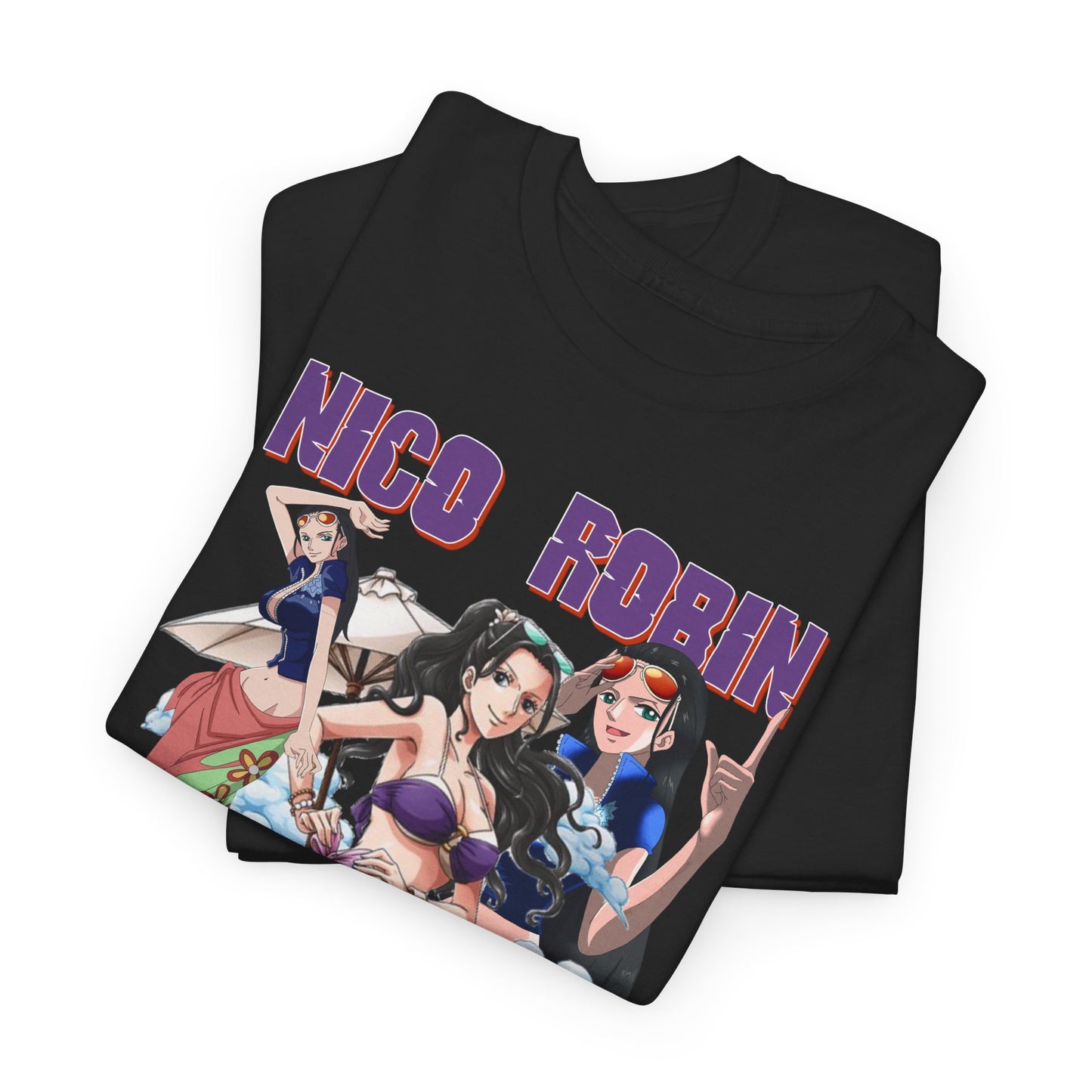 Stylishly folded black t-shirts displaying luxurious anime art of Nico Robin, featuring three captivating female characters in trendy beach outfits, perfect for anime enthusiasts.