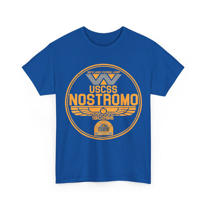 Front view of the USCSS Nostromo Graphic Unisex Tee Shirt in blue, featuring the iconic Nostromo logo for die-hard fans of Ridley Scott’s Alien.
