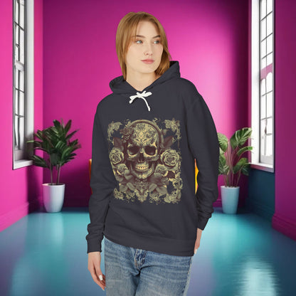 Stylish Unisex Lightweight Hooded Sweatshirt with a stunning skull and roses design, modelled in a chic environment that highlights its contemporary appeal.
