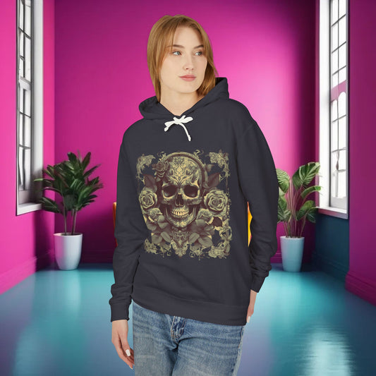 Stylish Unisex Lightweight Hooded Sweatshirt with a stunning skull and roses design, modelled in a chic environment that highlights its contemporary appeal.