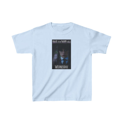 Sophisticated unisex graphic tee depicting Wednesday with Thing, inscribed with 'Black is my happy color' on a soft blue shirt.