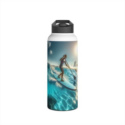 Chic Fantasy Paddleboarding Stainless Steel Water Bottle showcasing a paddleboarder amidst stunning wave action, ideal for stylish hydration on the go.