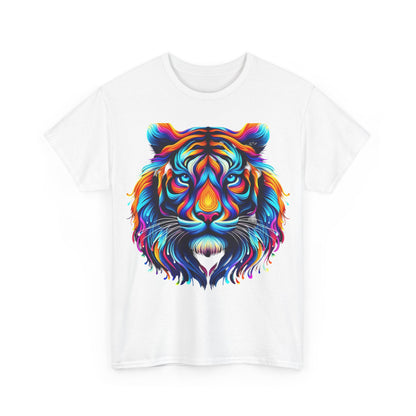 Front view of the exquisite Tiger's Whimsy Graphic Tee - Unisex Vibrant Artistic T-Shirt adorned with a spectacular, multicoloured tiger design on a classic white background.