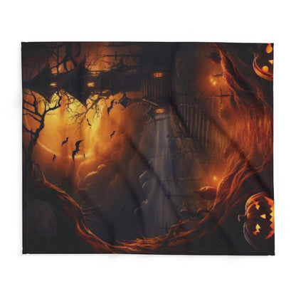 Artfully presented Decorative and Warm Halloween Spooky Arctic Fleece Blanket featuring intricate Halloween-themed imagery, perfect for seasonal decor.