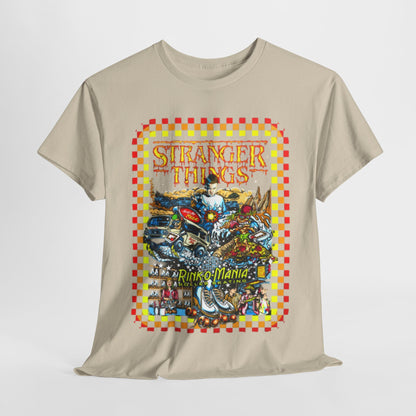 Luxurious unisex Stranger Things Rink O Mania graphic tee featuring vibrant, nostalgic illustrations of '80s arcade culture, set against a stylish beige background.