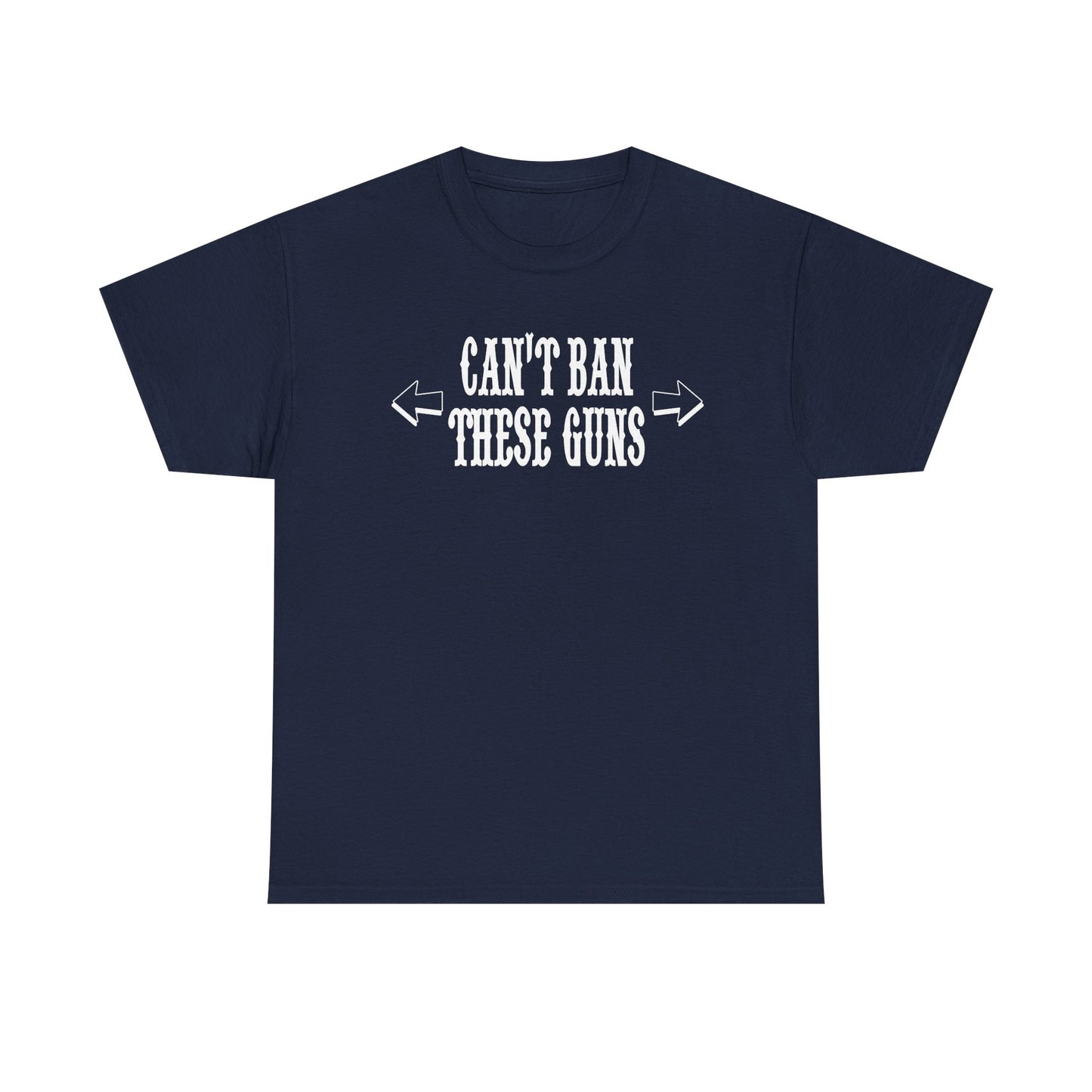 Refined navy blue motivational men's t-shirt with the impactful message 'Can't Ban These Guns', an ideal choice for confident fitness aficionados.