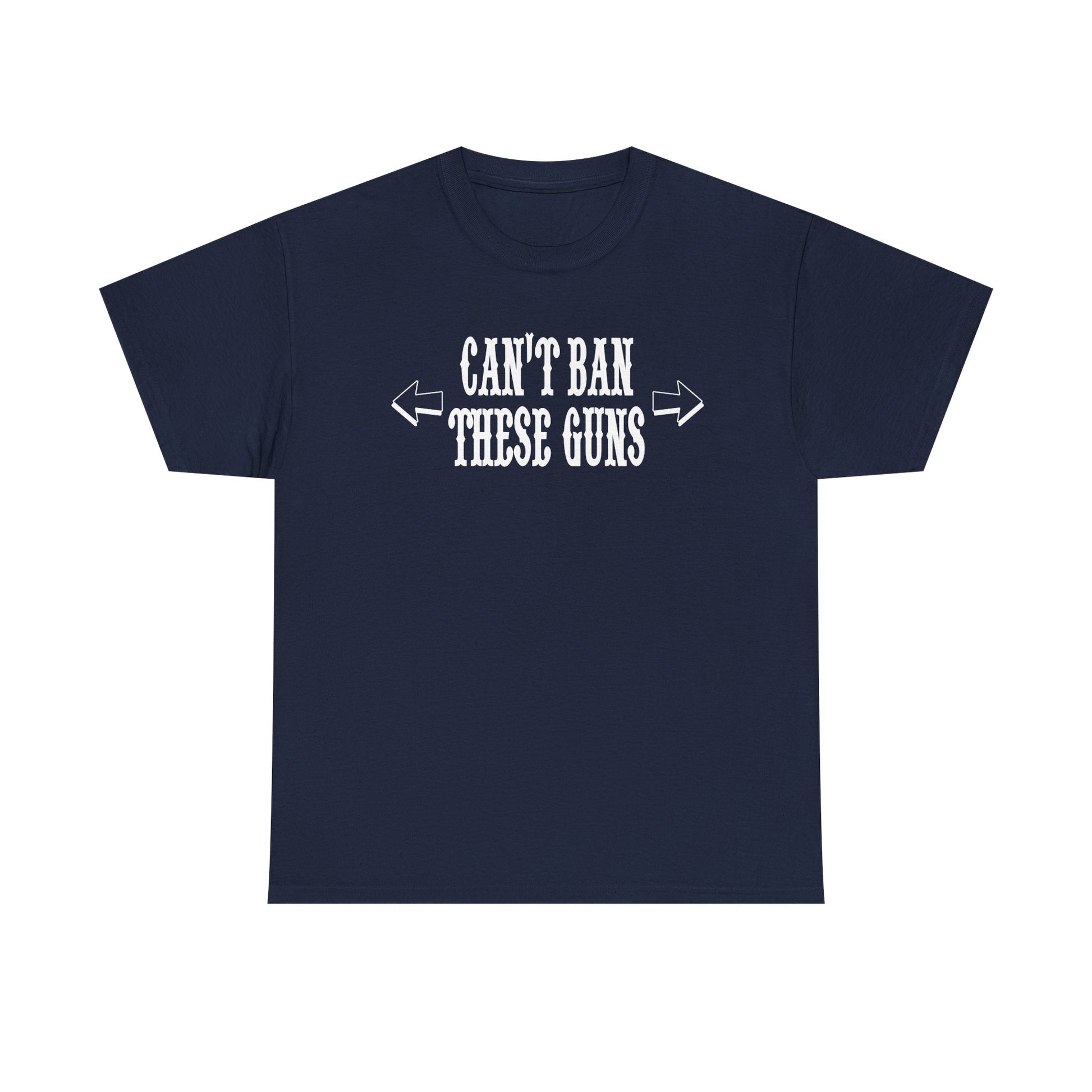 Refined navy blue motivational men's t-shirt with the impactful message 'Can't Ban These Guns', an ideal choice for confident fitness aficionados.