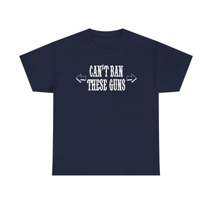 Refined navy blue motivational men's t-shirt with the impactful message 'Can't Ban These Guns', an ideal choice for confident fitness aficionados.