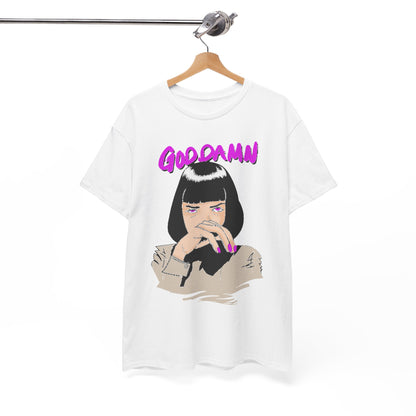 Chic white T-shirt displayed on a hanger, featuring striking 'GOOD DAMN' graphics and a sophisticated illustration, suitable for fashionable casual wear.