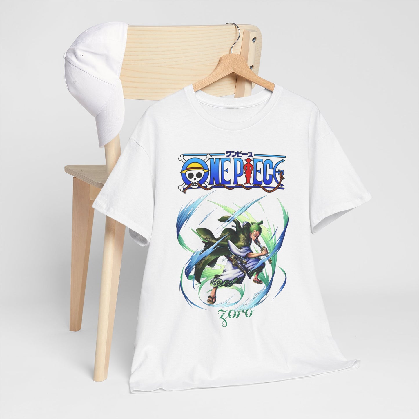 Stylish Epic men's t-shirt with Zoro design from One Piece, artistically hanging, highlighting the vibrant graphic on luxurious white material.