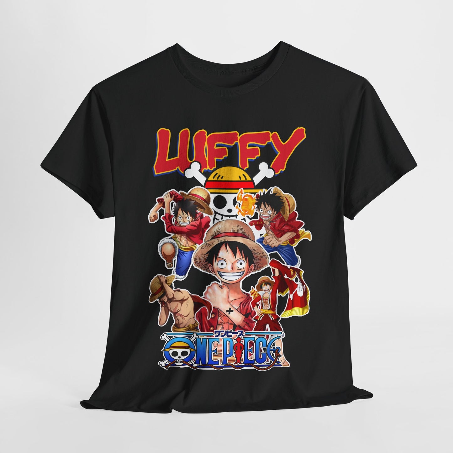 Premium black graphic T-shirt featuring vibrant anime artwork of Monkey D. Luffy and Straw Hat crew, showcasing intense action and camaraderie, ideal for anime enthusiasts.