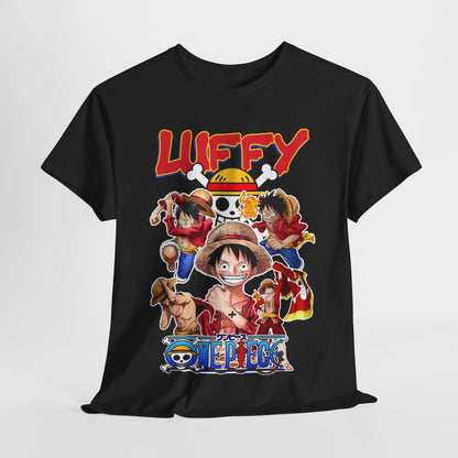 Premium black graphic T-shirt featuring vibrant anime artwork of Monkey D. Luffy and Straw Hat crew, showcasing intense action and camaraderie, ideal for anime enthusiasts.
