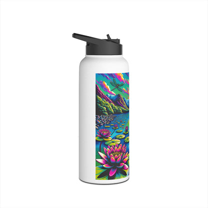 Luxury Fantasy Paddleboarding Stainless Steel Water Bottle showcasing an elegant illustration of a serene lake with blooming lotuses, perfect for fashionable hydration on your paddleboarding trips.