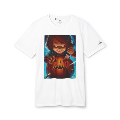 Adidas Unisex Halloween Chucky Cute T-shirt featuring a playful graphic of Chucky carving a pumpkin on a white background. Perfect for stylish Halloween celebrations.