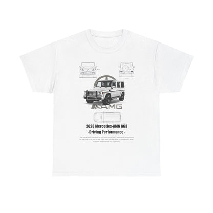 Luxurious white men's t-shirt featuring the 2023 Mercedes-AMG G63 design with detailed automotive illustrations, showcasing elegance and performance.